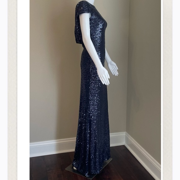Badgley Mischka Navy Cap-Sleeve Sequin Drape Back Gown - Picture 6 of 11
